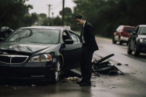 Distressed driver on the side of the road, wearing a suit, looking at his damaged car in Southwest Houston.