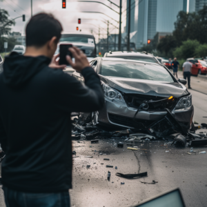 Man wearing a dark hoodie uses his phone to take a picture of his damaged car on a Pasadena, TX, street.