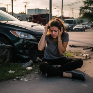 An upset woman sitting on the ground near a damaged vehicle following a car accident in Southeast Houston.